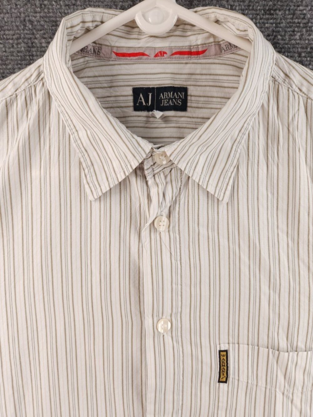 Armani Striped Beige Cotton Polyester XL Point Men Button Up Pocket Shirt Adult